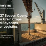 Bulk grain vessel at port with cranes, used as the hero image for Terraviis Group’s 2026/27 grain and oilseed market outlook.