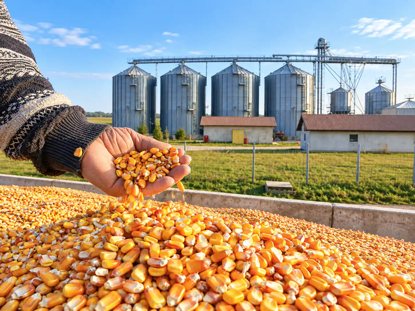 Feed corn kernels in hand with grain silos in the background